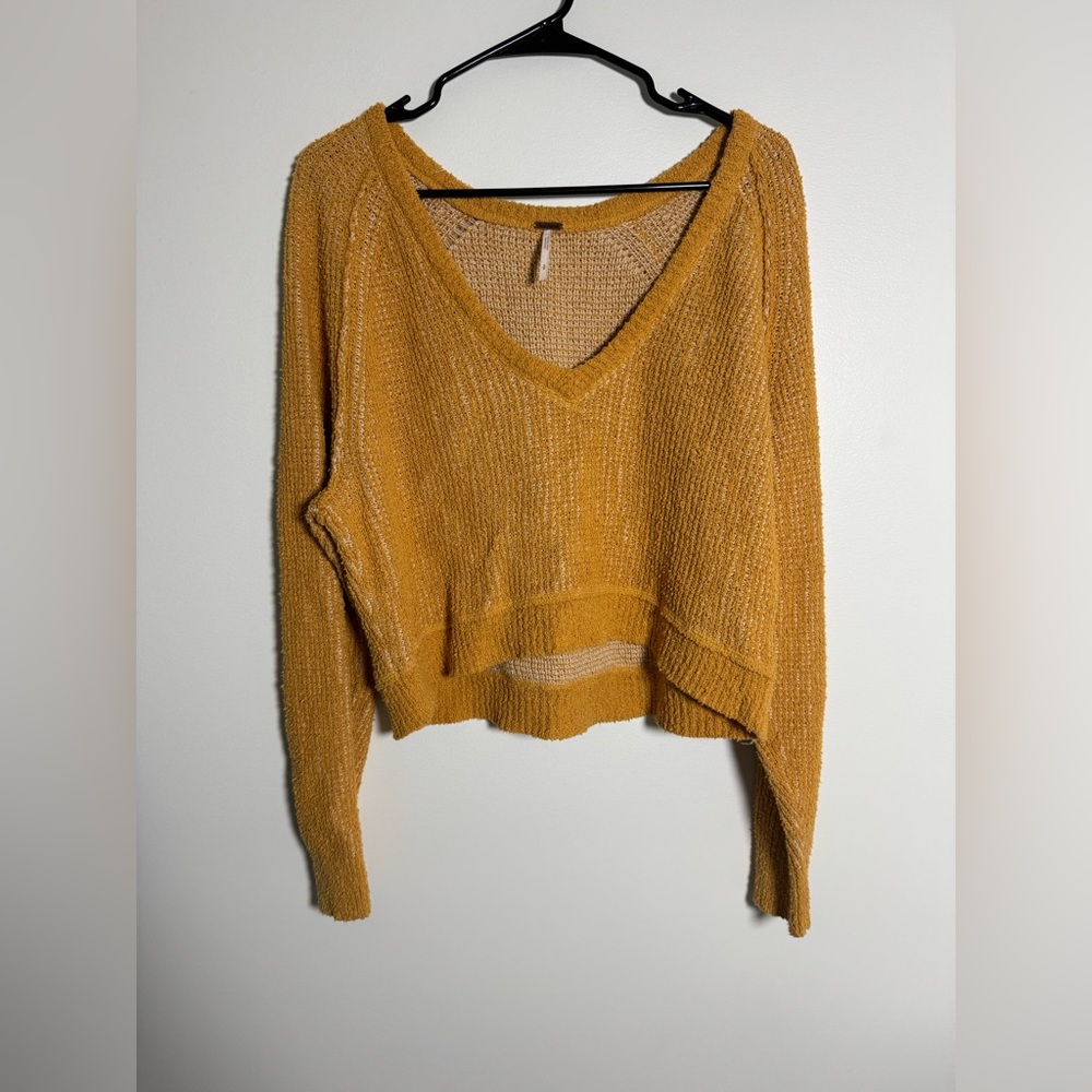 Free People Mustard Open Knit Crop Sweater Small Boho